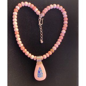 Jay King DTR Necklace Beaded Pink Opal Mosaic Inlay Pendant Oval Signed